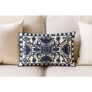 Traditional Lumbar Pillow Cover 19x12 Blue Cream Embroidered Boho Cottage Decor